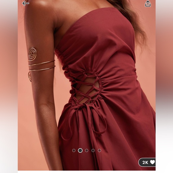 ASOS Design Bandeau midi with lattice detail waist in burgundy ; US 6 - Picture 2 of 6